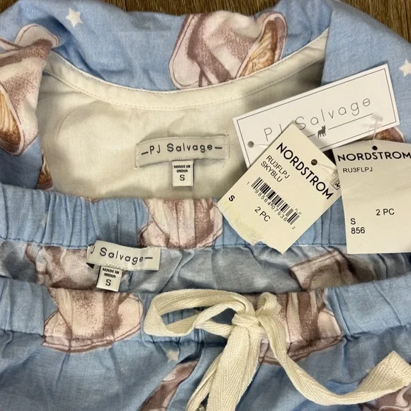 PJ Salvage Flannel Pajama Set Coffee Women Sky Blue Top & Pants size small - Picture 8 of 9